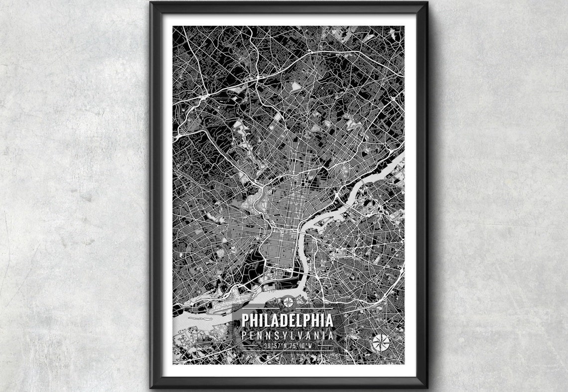 PHILADELPHIA Map With Coordinates Philadelphia Map Map Art Etsy