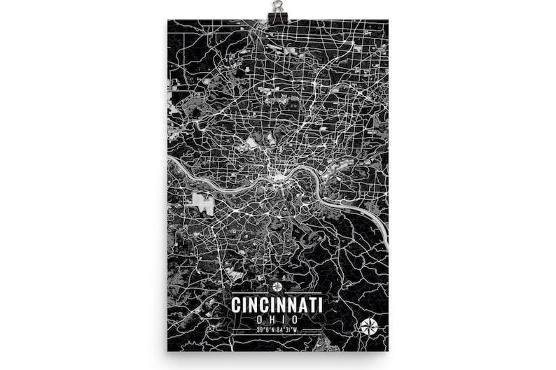 CINCINNATI Ohio Map with Coordinates, Cincinnati Map, Map Art, Map Print, Cincinnati Print, Cincinnati Art, Cincinnati Wall Art, Wall Art image 2