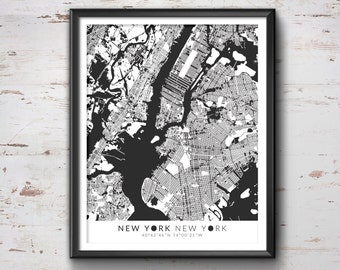 NEW YORK Map with Coordinates, New York Map, Map Art, Map Print, New York Print, New York Art, New York Gift,  New York Decor, New York, NYC