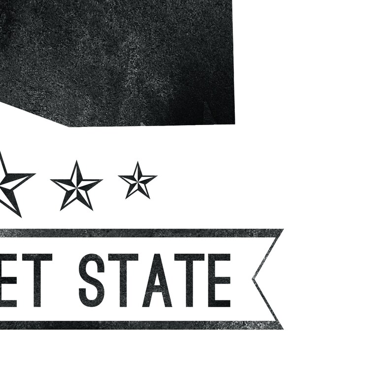 May include: Black and white graphic design featuring a textured black shape, three stars, and the words "ET STATE" in a banner. The design is set against a white background.