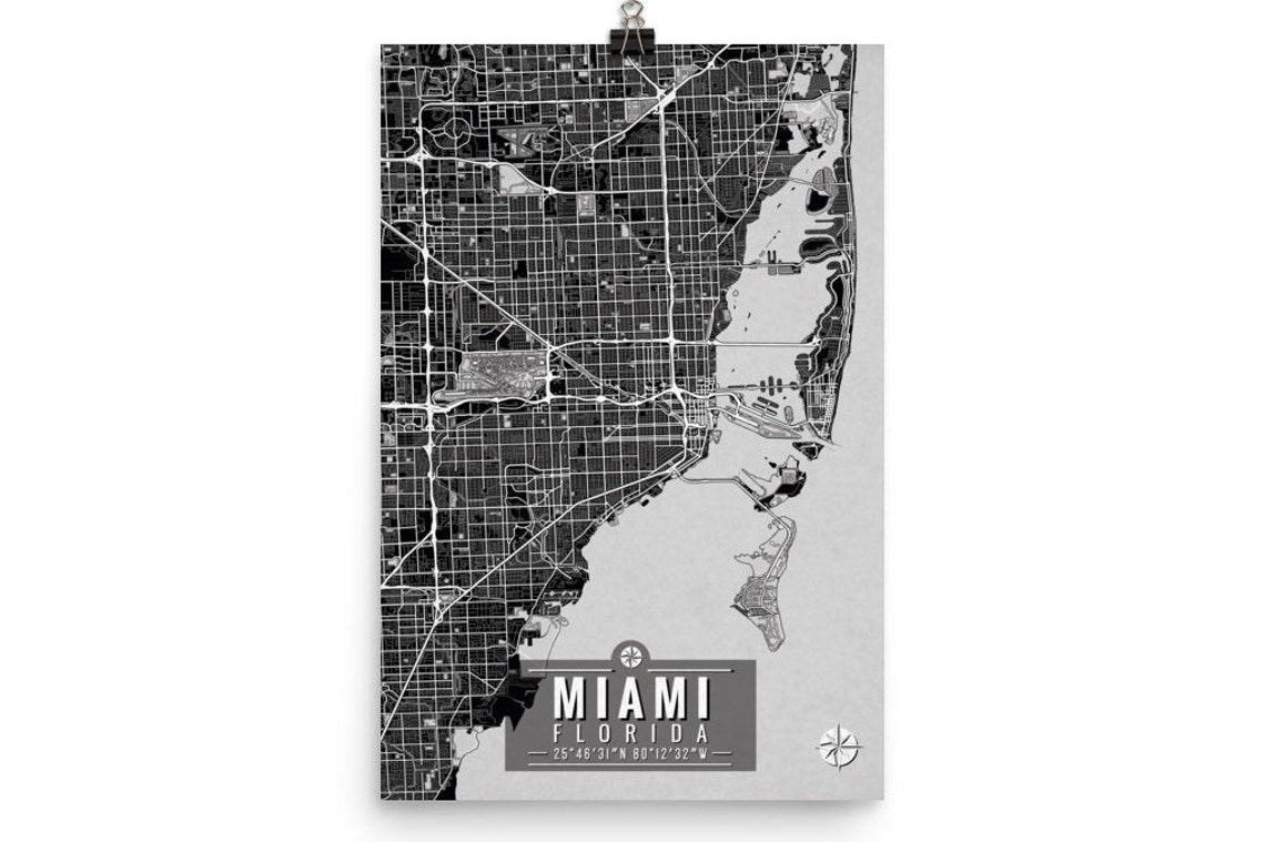 MIAMI Florida Map with Coordinates Miami Wall Art Miami Map Etsy