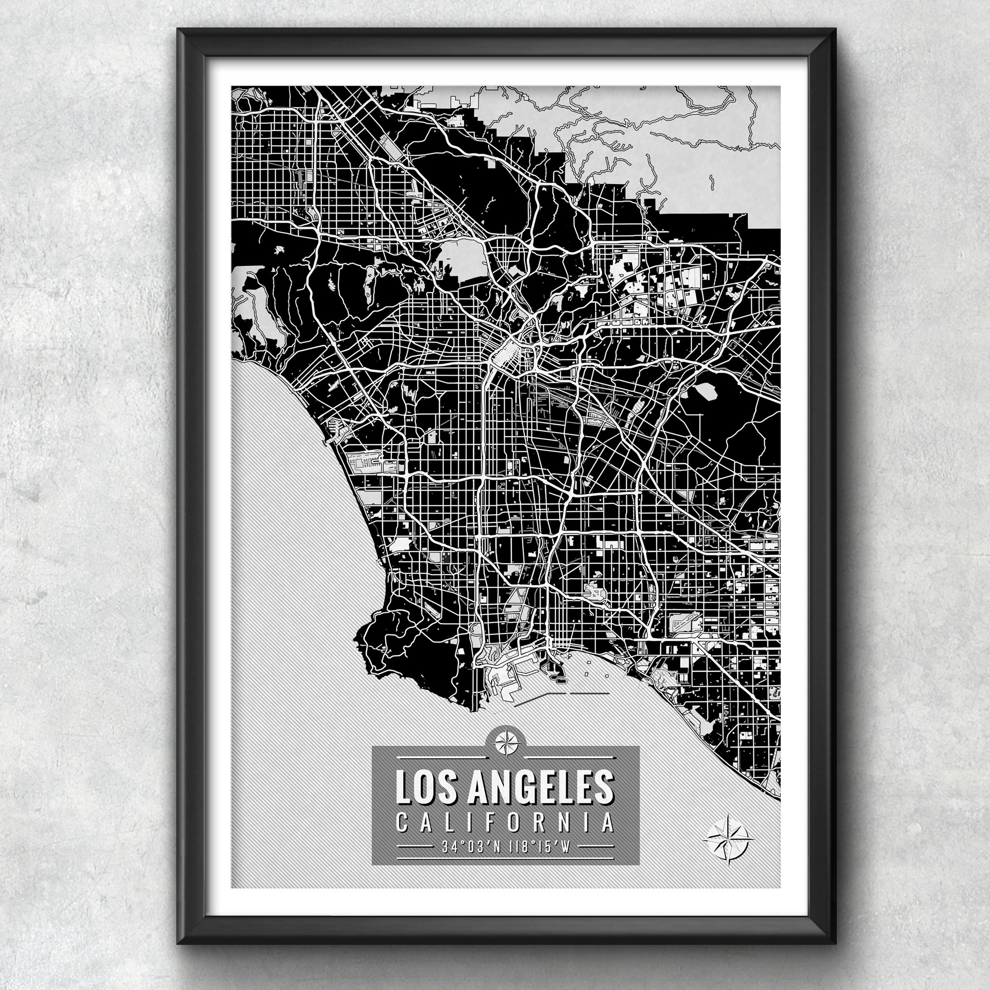LOS ANGELES Map With Coordinates Los Angeles Map Map Art - Etsy