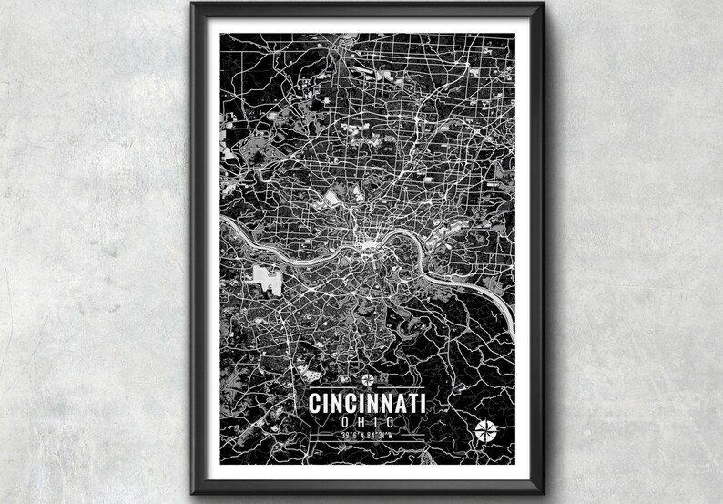 CINCINNATI Ohio Map with Coordinates, Cincinnati Map, Map Art, Map Print, Cincinnati Print, Cincinnati Art, Cincinnati Wall Art, Wall Art image 1