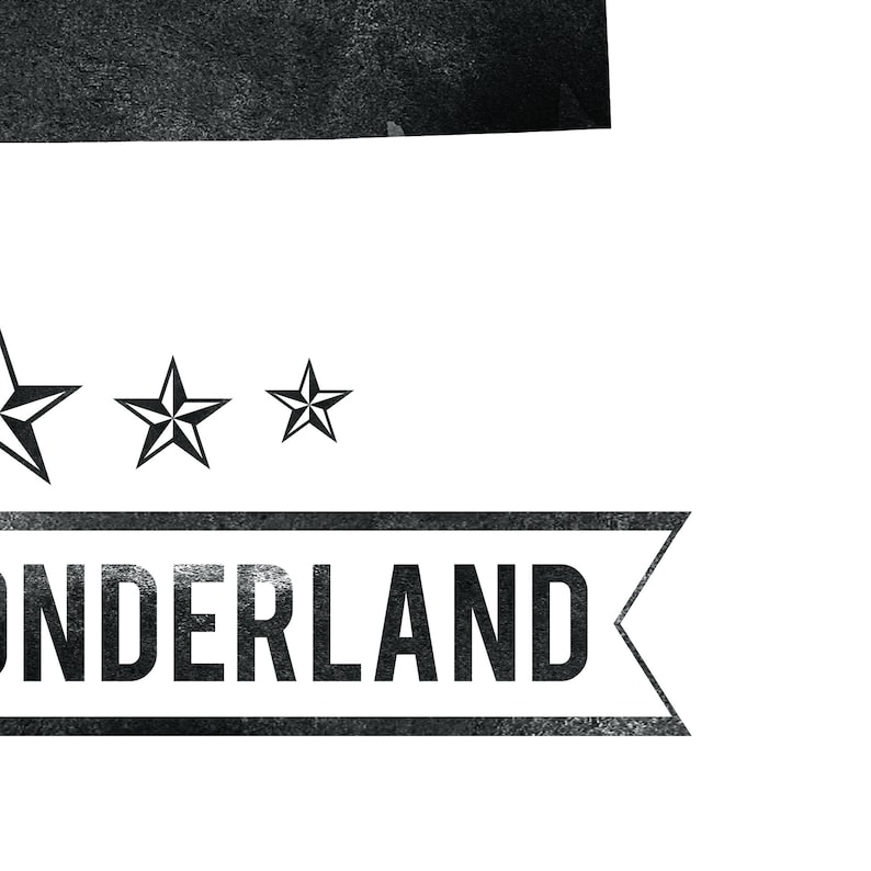 May include: A black and white graphic design featuring the word "ONDERLAND" in a rectangular banner with a distressed texture. Above the banner are three black stars, adding a decorative element to the design.