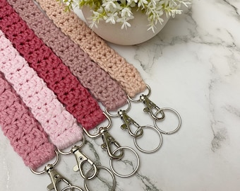 Pink Crochet Lanyard, Crochet Lanyard, Handmade Cotton Lanyard, Gift for Her, Teacher Gift, ID Holder, Keys, Crochet Key Holder