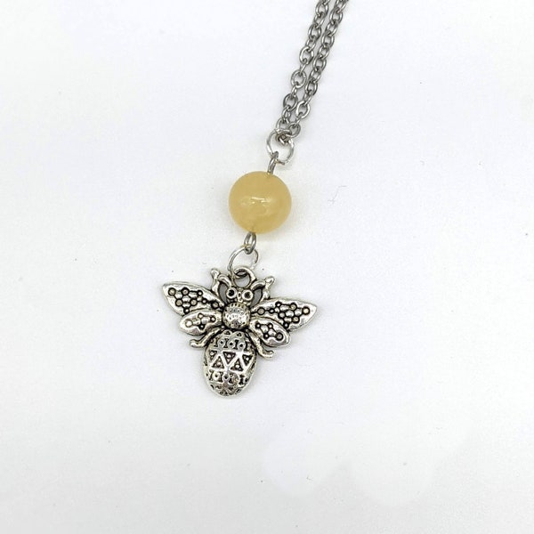 Bee and Honey Calcite Pendant on a Stainless Steel Chain with lobster clasp