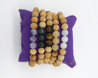 Crystal & Wood Bead Diffuser Bracelet - Amethyst, Jade, Tiger's Eye