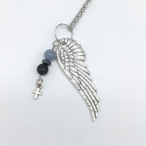 Guardian  Angel Pendant with Angelite, Hematite, & Shungite Angel Wing and Cross on a Stainless Steel Chain