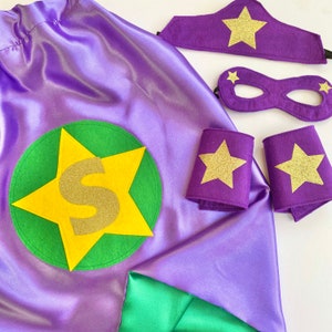 Kids Superhero Costume, Personalised Superhero Cape, Kids Super Hero Dress Up, Kids Super Hero Mask, Crown, Arm Cuffs. CHOOSE LETTER/COLOUR.