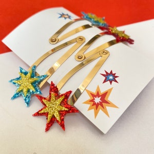 Glitter Star Hair Clips, Kids Superhero Snap Grips, Glitter Toddler Fringe Grips.