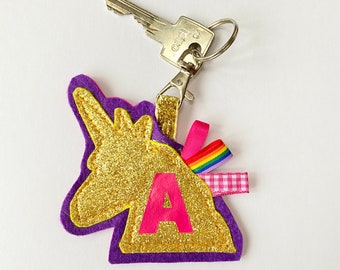 Personalised Unicorn Keyring, School Book Bag Key Chain, Unicorn Custom Bag Tag, Starting School Gift. Your choice of colours and letter.