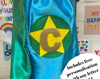 Turquoise and Green Pre-Made Superhero Cape with Star Decoration: Choose Letter