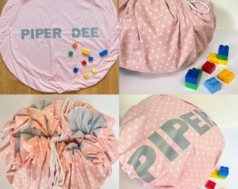 Bolsa organizadora de juguetes personalizada con tapete de juego: organizador con cordón, tela personalizada.