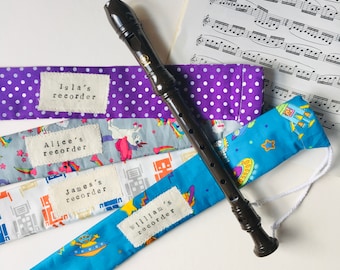 Recorder Case, Personalised Recorder Bag, Custom Soprano Recorder Case, Descant Recorder Sleeve, First Musical Instrument Gift. ANY WORDING