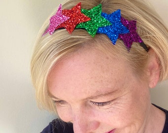 Elasticated Glitter Star Headband, Non-Slip Kids Glitter Hair Band, Rainbow Toddler Hair Band, Adult Glitter Rainbow Star Headband.