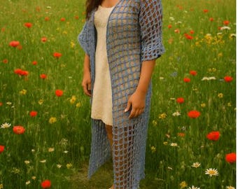 Long Duster Cardigan; Crocheted Cardigan; Blue Cardigan