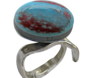 Fused Glass PET Cremation Jewelry ~ VINTAGE  RING ~ Blue / Red