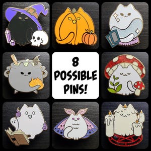May include: Eight enamel pins featuring various designs, including a black cat with a witch's hat, a pumpkin with a cat face, a white cat in a snow globe, a cauldron with a cat face, a cat with a mushroom, a moth with a cat face, a cat with candles, and a cat with a book. The text "8 Possible Pins!" is displayed in the center of the image.