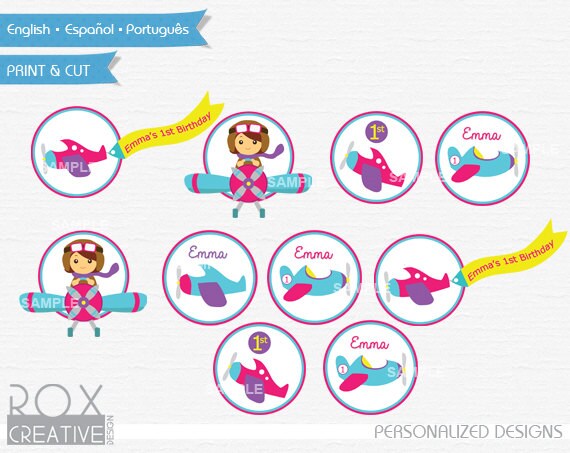 Girly Planes Birthday Cupcake Toppers Design, Custom Design, Girly Planes Baby Shower Cupcake Toppers, Favor Tags, Napkin Rings Il_570xn