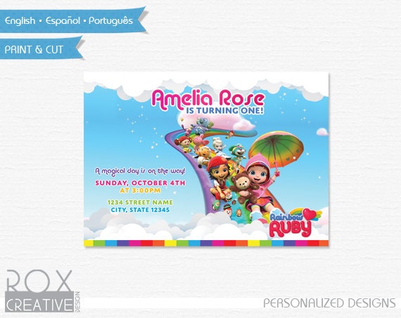 Rainbow Ruby Party Invitation, Printable Labels, Digital - With your Child Name and age! Il_570xn