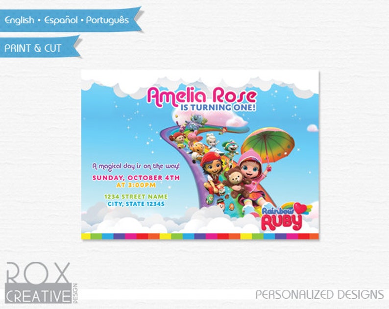 Rainbow Ruby Party Invitation Printable Labels Digital | Etsy