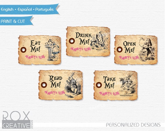 Alice in Wonderland Party Tags, Cupcake toppers, Party Favors Tags, Digital Custom Design Il_570xn