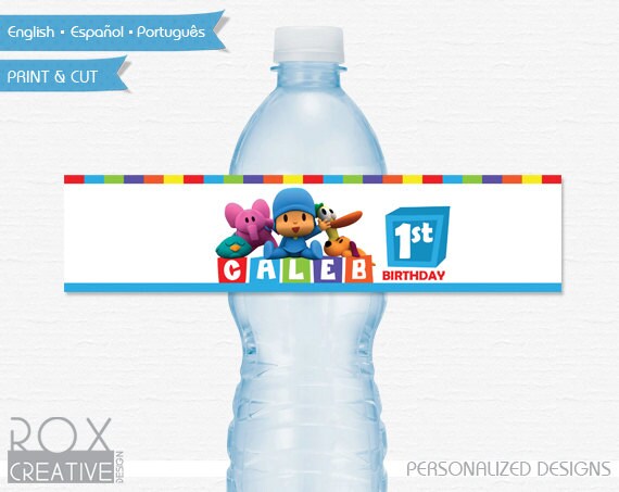 Pocoyo Water Labels, Digital Design, 5 per page, English, Español or Português Il_570xn