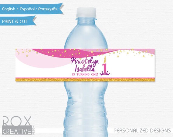 Unicorn water labels design, 5 per page, English, Español or Português Il_570xn