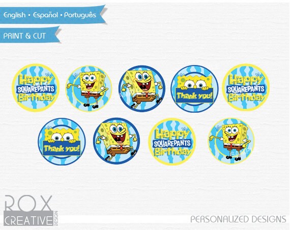 Spongebob Birthday Cupcake Toppers, Spongebob Thank you tags Il_570xn