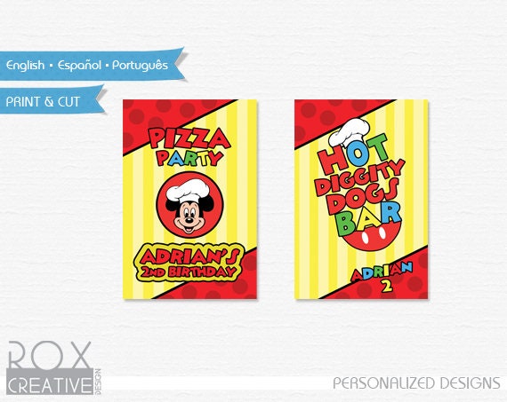 2 Mickey Pizza Party table signs, Hot Diggity Dogs Bar Sign 4 x 6 Inches Design, Mickey Mouse Design Il_570xn