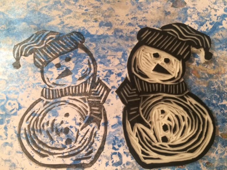 Hand carved snowman rubber stamp