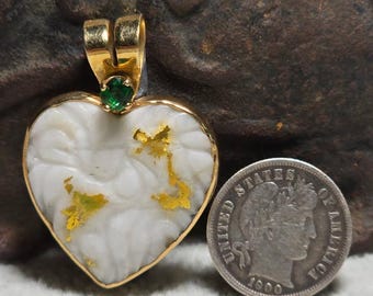 1 off -  Natural Gold in Quartz carved pendent with Emerald!
