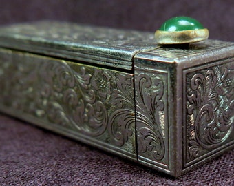 Vintage Italian silver engraved and jade pop up mirror lip stick holder