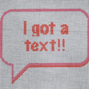 K&ouml;nnte beinhalten: Eine rosa Sprechblase mit wei&szlig;em Hintergrund und dem Text "I got a text!" in Rot.