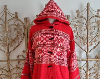 vintage rouge Tissé Ethnique années 70 veste à capuche en coton brodé S