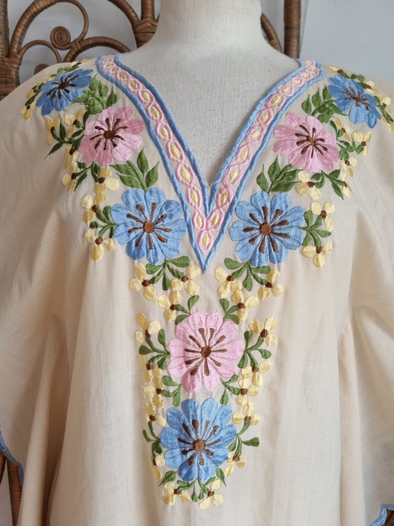 Vintage cream embroidered 70s cotton smock maxi c… - image 2