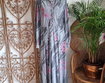 vintage gris rose argent prairie lurex lame métallisé 70s maxi robe M L