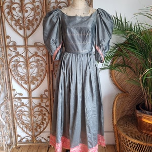 Vintage grey Serinda couture silk Indian 70s 80s boho smock midi dress XS