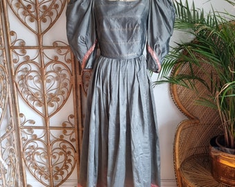 Vintage grey Serinda couture silk Indian 70s 80s boho smock midi dress XS
