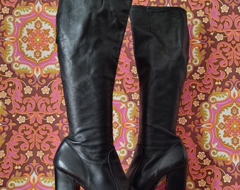 Vintage black hippy 70s leather platform knee high penny lane boots uk size 4 Eur 37 us 6
