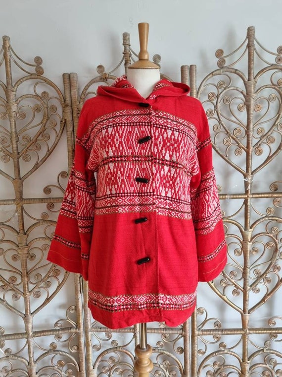 Vintage red Woven Ethnic 70s embroidered cotton h… - image 10