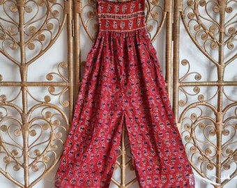 Vintage red indian cotton hippy 70s 80s boho Playsuit romper jumpsuit dress junior 12 maybe xxxs xxs