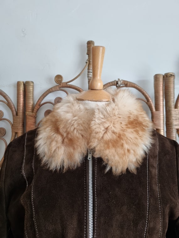 Vintage brown suede Sheepskin afghan Fur collar c… - image 2