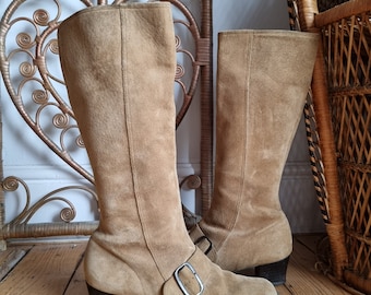 Vintage camel sand suede leather 60s knee penny lane boots uk size 6 Eur 39 us 8