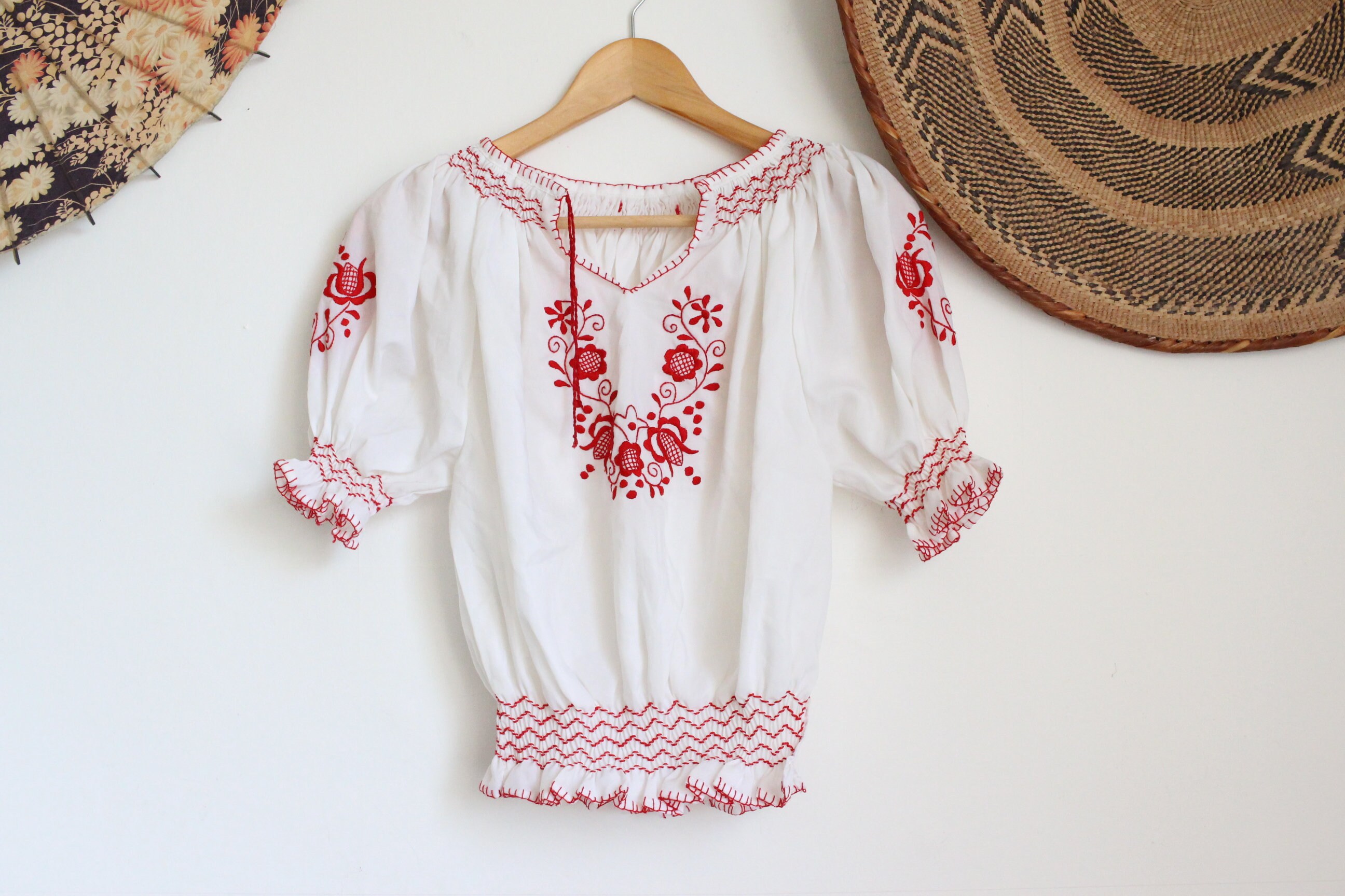 Vintage white red Hungarian hand embroidered floral 70s boho | Etsy