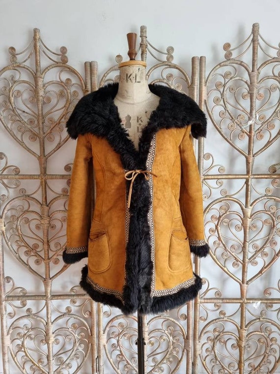 Vintage 70s Saks Fifth Ave Suede Coat Leather Sheep Shearling Afghan Russian Long Princess Brown Almost Famous Hippy Penny Lane SM