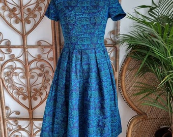 Vintage blue tapestry embroidered Original swing tea 50s midi dress Xs