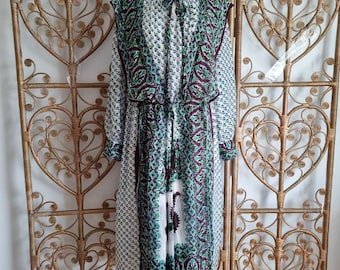 Vintage floral silk paisley hippy prairie Indian 70s boho smock midi kaftan dress L XL