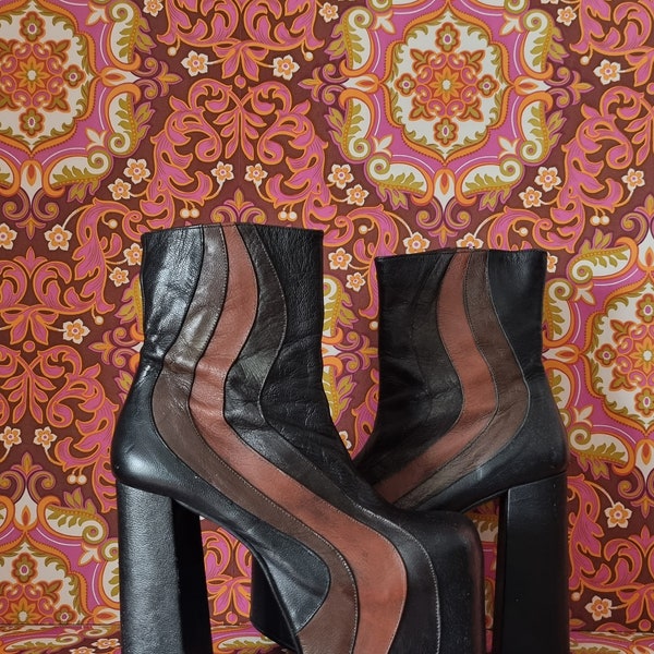 Vintage black brown hippy suede leather platform y2k 90s  ankle penny lane boots uk size 6 Eur 39 us 8