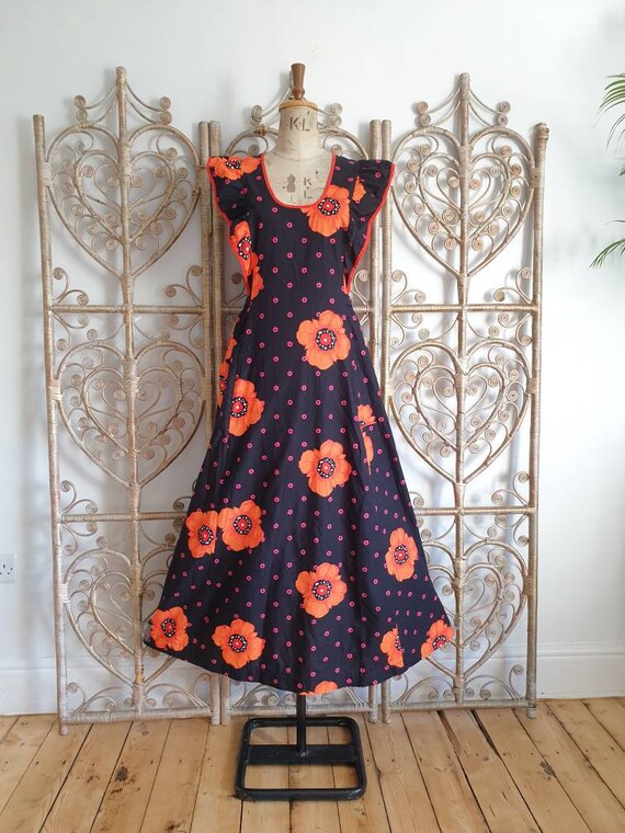 Vintage black floral cotton frill prairie cottagec